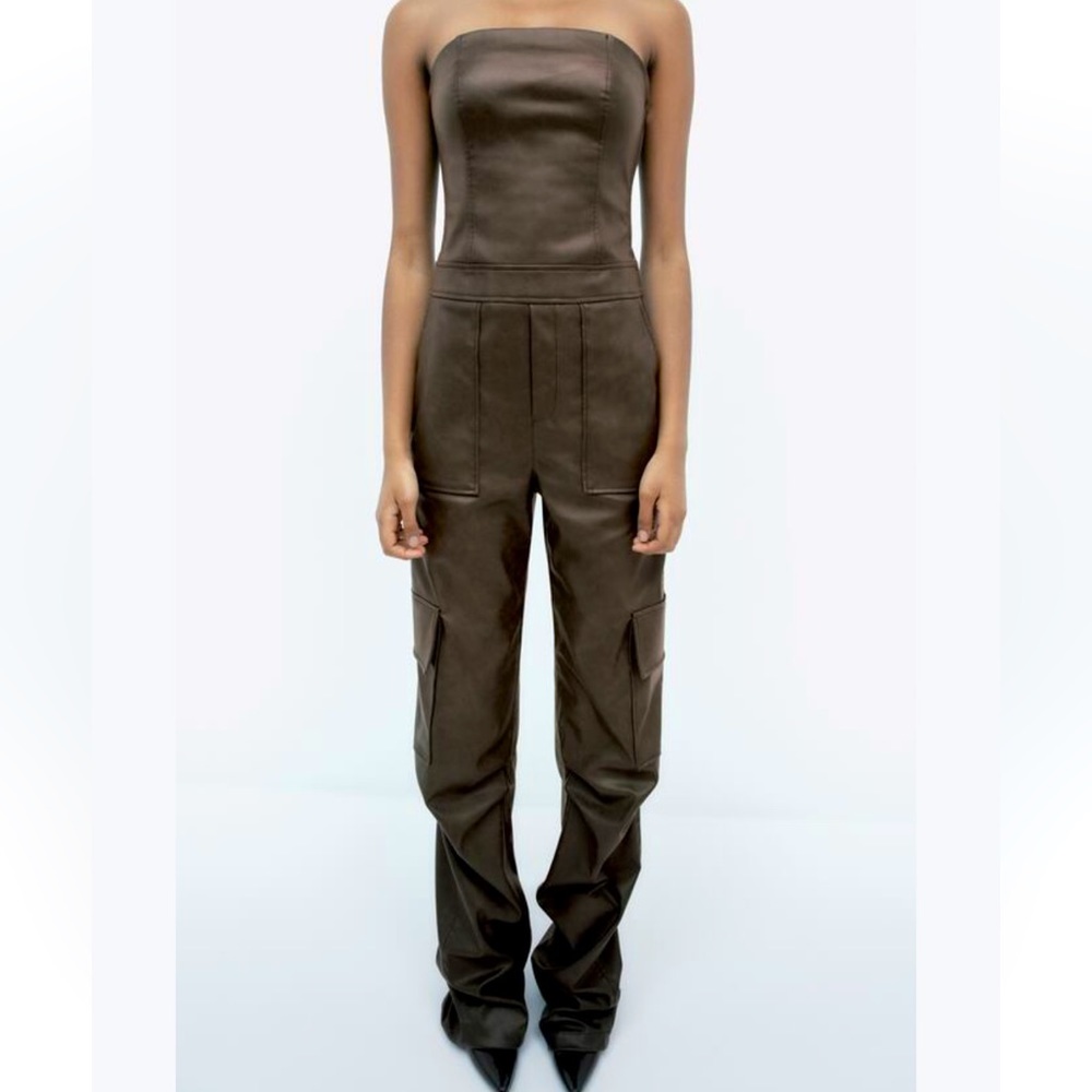 ZARA FAUX LEATHER STRAPLESS CARGO JUMPSUIT